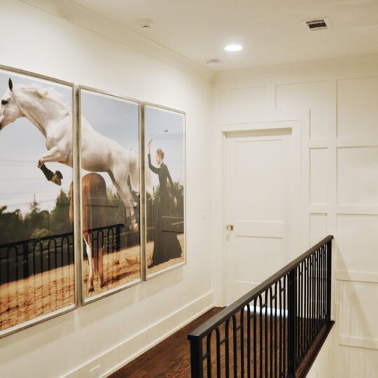 Hallway with wooden floors and white paneled walls featuring a large triptych artwork of a white horse rearing up with a person beside it. A black metal railing lines the right side.