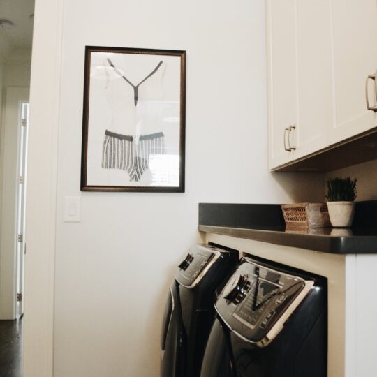 A modern laundry room with black and white patterned floor tiles, featuring a washer and dryer. A framed abstract artwork hangs on a white wall above the machines. A countertop houses a potted plant and small baskets.