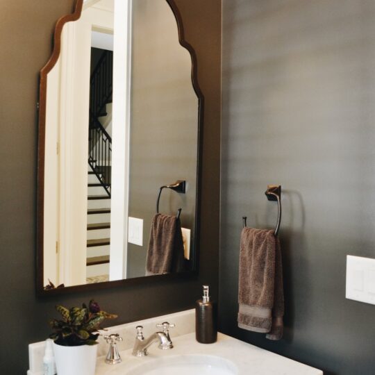 Bathroom interior with a decorative, arched mirror above a sink with chrome fixtures. A dark hand towel is hanging on a metal holder beside the mirror, and a small plant in a white pot is on the counter. A staircase is visible in the reflection.