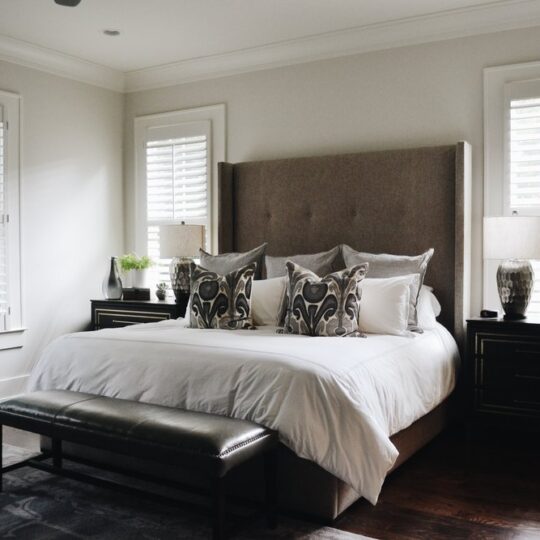 A cozy bedroom with a large bed featuring a tufted headboard, white bedding, and decorative pillows. Two bedside tables hold lamps and potted plants. Windows with white shutters let in natural light. A bench sits at the foot of the bed on a rug.