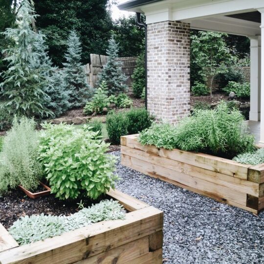 Wooden raised garden beds filled with various green plants sit on a gravel surface. A covered patio with brick pillars is in the background, surrounded by lush trees and shrubs.